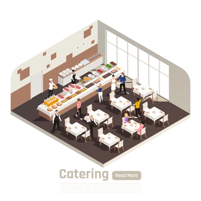 Catering celebrations banquet service isometric composition with wedding reception in restaurant hall with buffet bar vector illustration