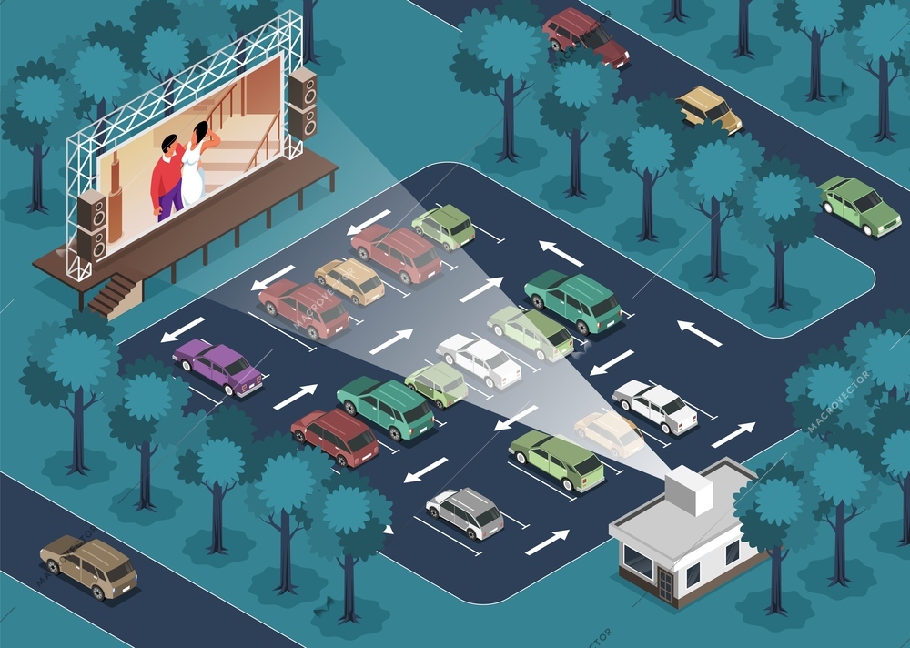 Isometric open air cinema composition with view of outdoor parking and cars with screen projecting movie vector illustration