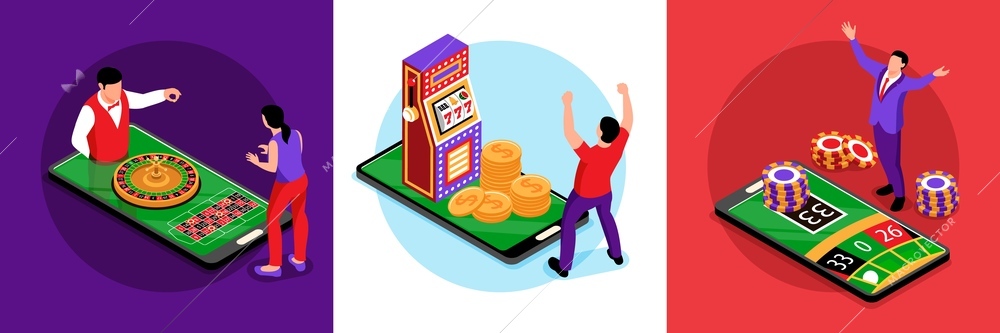 Isometric online casino design concept with square compositions of gambling people and smartphones as gaming tables vector illustration