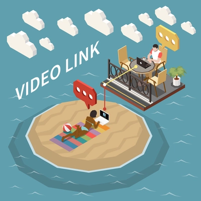 Video link isometric background with man sitting in cafe and woman lying on the beach meeting in online mode vector illustration