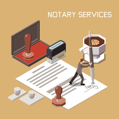 Notary execution of documents isometric design concept with professional lawyer putting his signature on paper sheet vector illustration