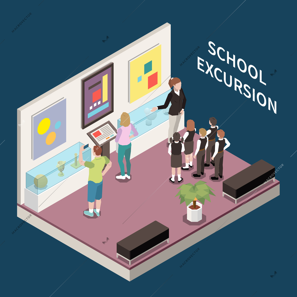 School excursion isometric background with group of pupils  listening to guide in art gallery  vector illustration