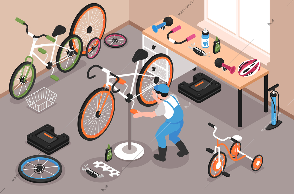 Bicycle repairs garage with man fixing bike treadle 3d isometric vector illustration