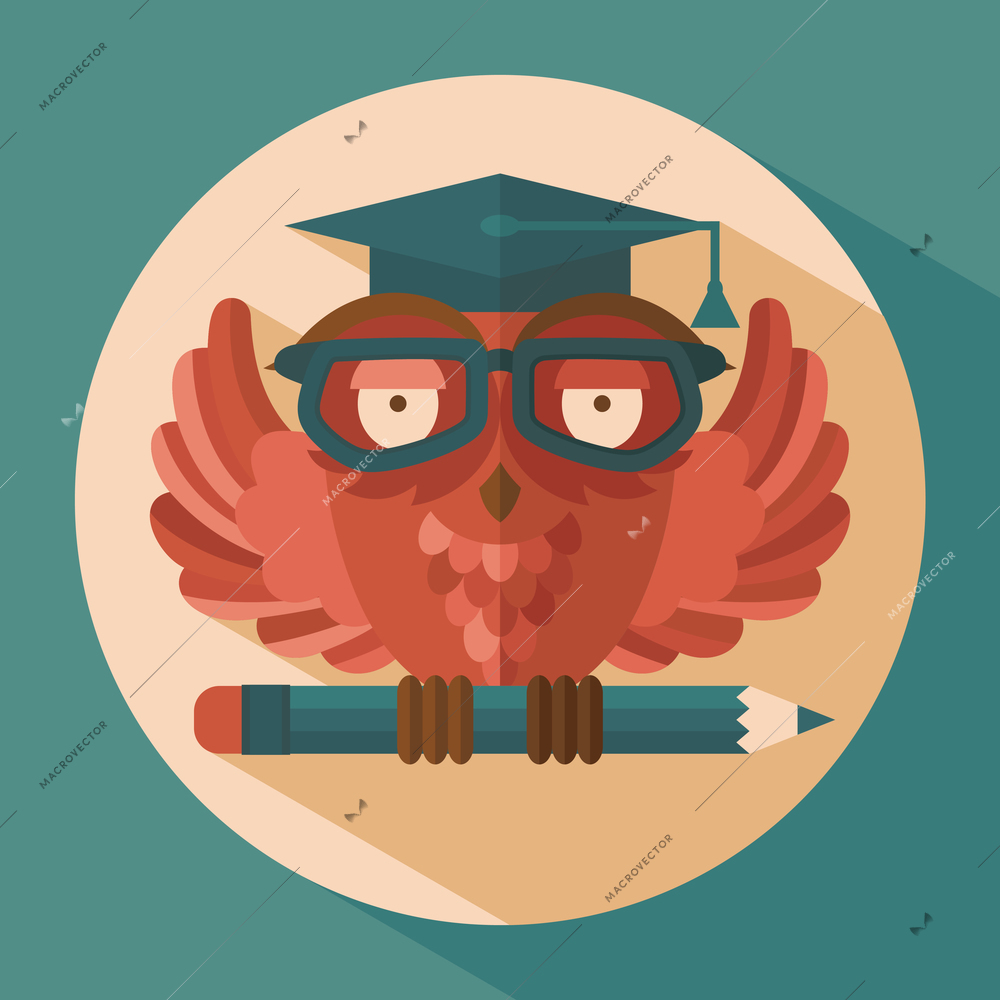 Red owl in graduation cap holding pencil flat vector illustration