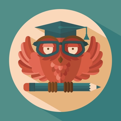 Red owl in graduation cap holding pencil flat vector illustration
