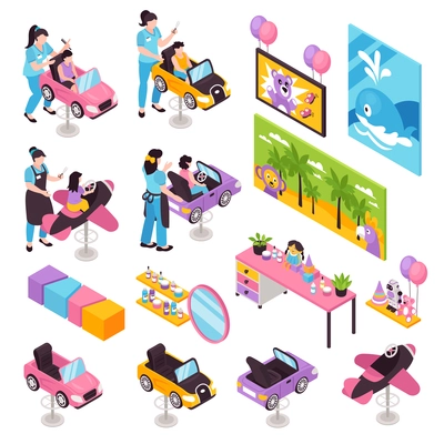 Isometric children barber hairdressing salon set of isolated interior elements images with childish seats and toys vector illustration