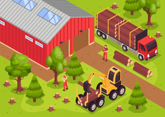 Isometric wooden sawmill composition with outdoor scenery and warehouse building with bulldozer and truck with people vector illustration