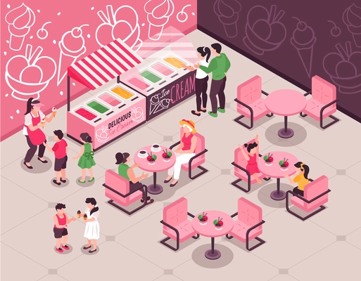 People with kids choosing and eating ice cream at cafe with pink tables and chairs 3d isometric vector illustration