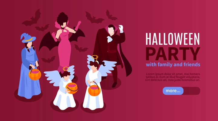 Isometric halloween party horizontal banner with epic characters with pumpkins and editable text with more button vector illustration