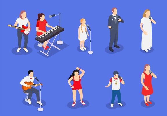 Tv talent show isometric icon set with isolated faceless human characters of musicians dancers and singers vector illustration