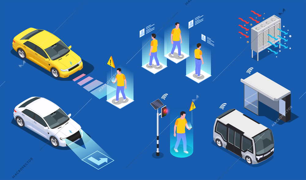 Smart city technologies set of isometric icons of futuristic vehicles scanning pedestrians and remotely controlled buses vector illustration