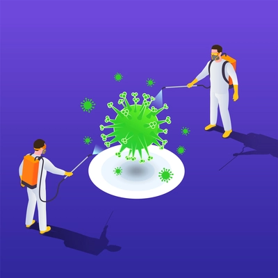 Social distancing isometric composition with human characters of disinfectors with equipment and green icon of virus vector illustration