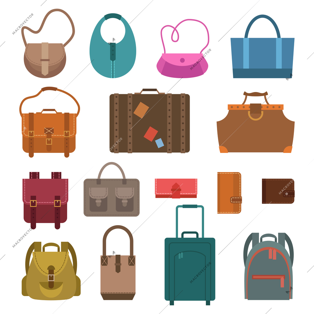 Women fashion and luggage bags colored icons set isolated vector illustration.