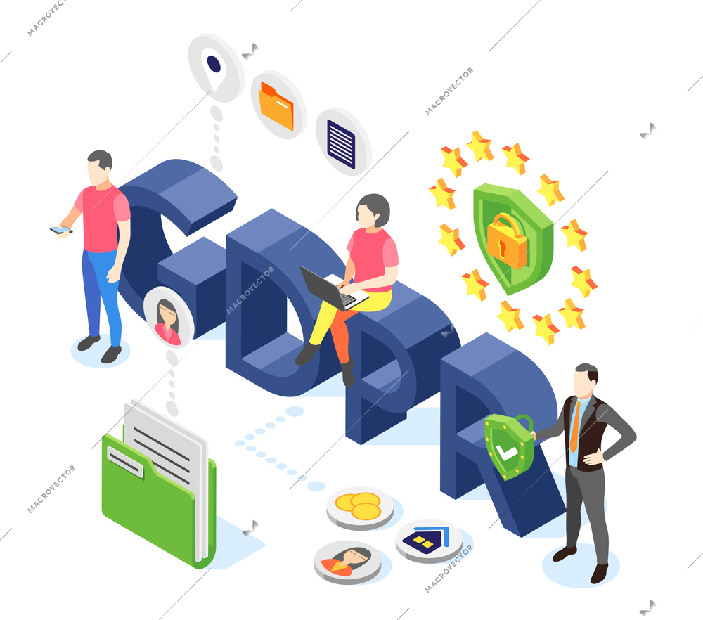 Personal data protection gdpr isometric background composition with 3d text surrounded by pictogram icons and people vector illustration