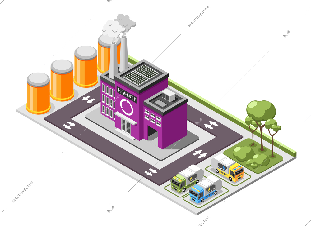 Electronic garbage isometric composition with e-waste recycling plant area with rubbish trucks on parking lot vector illustration