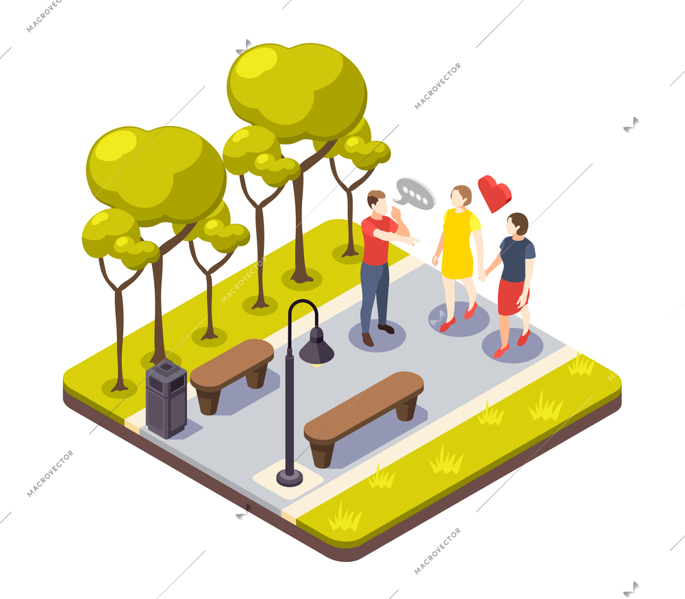 Discrimination isometric composition with outdoor view of urban park and male character shouting to female lovers vector illustration