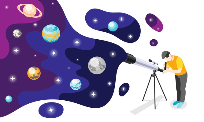 Astronomy isometric composition with images of man with telescope and colourful spot with space planets stars vector illustration