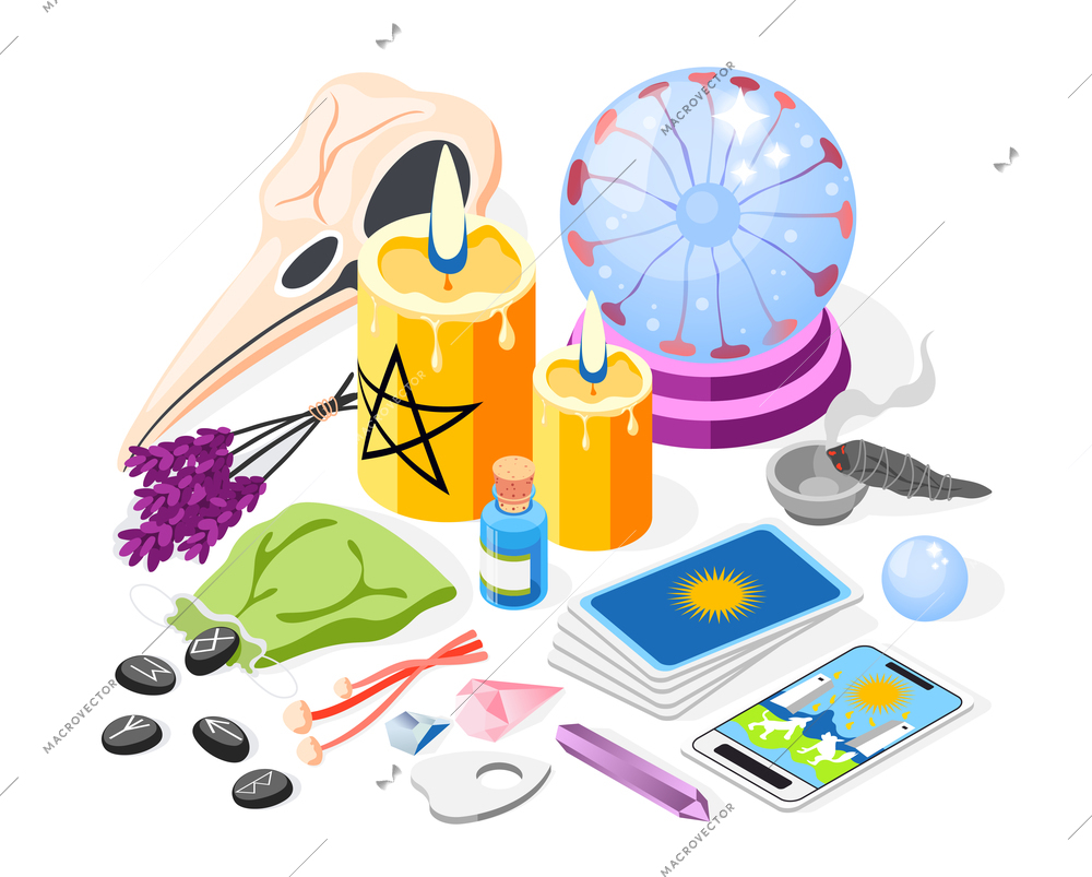 Magical services isometric background with images of fortunetelling accessories items burning candles cards and crystal ball vector illustration