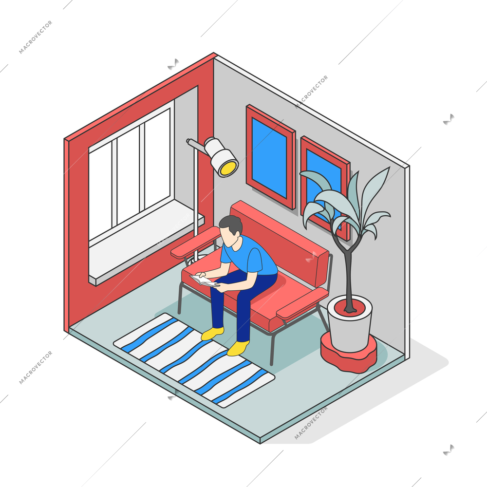 Reading people isometric composition with indoor view of living room and man reading book on sofa vector illustration