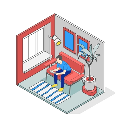 Reading people isometric composition with indoor view of living room and man reading book on sofa vector illustration