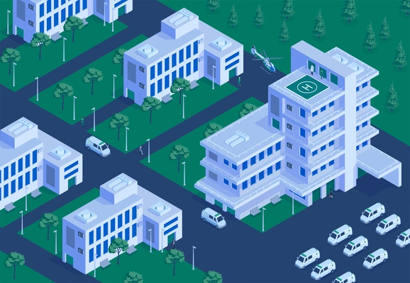 Hospital terrein outdoor isometric aerial overview with buildings collection emergency helicopter landing ambulance parking lot vector illustration