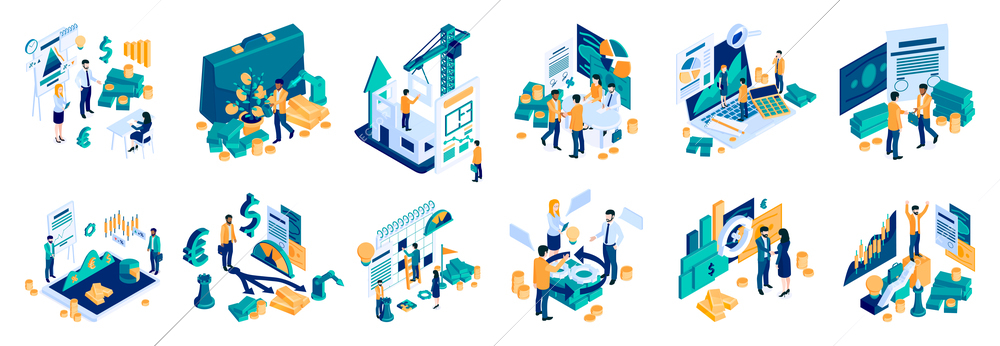 Successful investment isometric set with risk managing strategy project plan adjusting  presentations analytics cooperation profit vector illustration