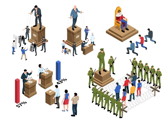 Isometric political systems set with isolated characters of famous political figures with voters and armed forces vector illustration