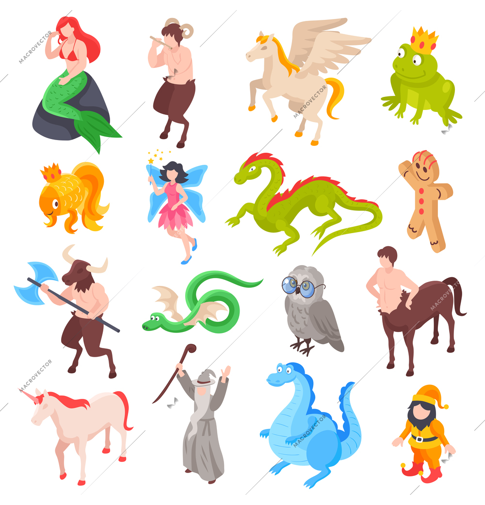 Fairy tale icons set with magic creatures isometric isolated vector illustration