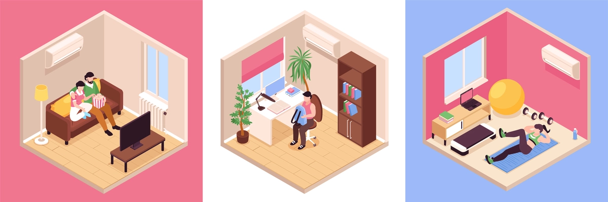 Neighbors concept set with interior symbols isometric isolated vector illustration