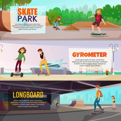 Set of skateboard, longboard and gyrometer riders horizontal banners vector illustration