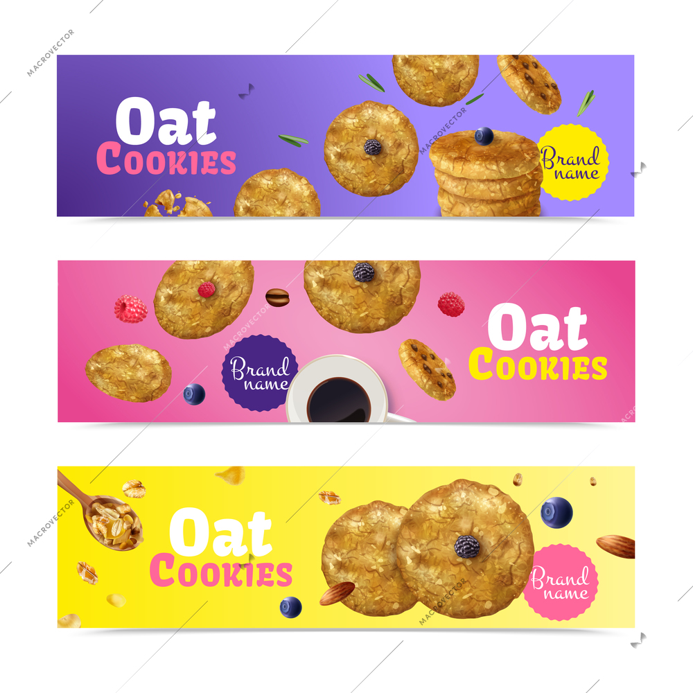 Set of three realistic oat cookies horizontal banners with editable brand name text and biscuit images vector illustration