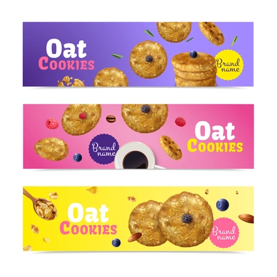 Set of three realistic oat cookies horizontal banners with editable brand name text and biscuit images vector illustration