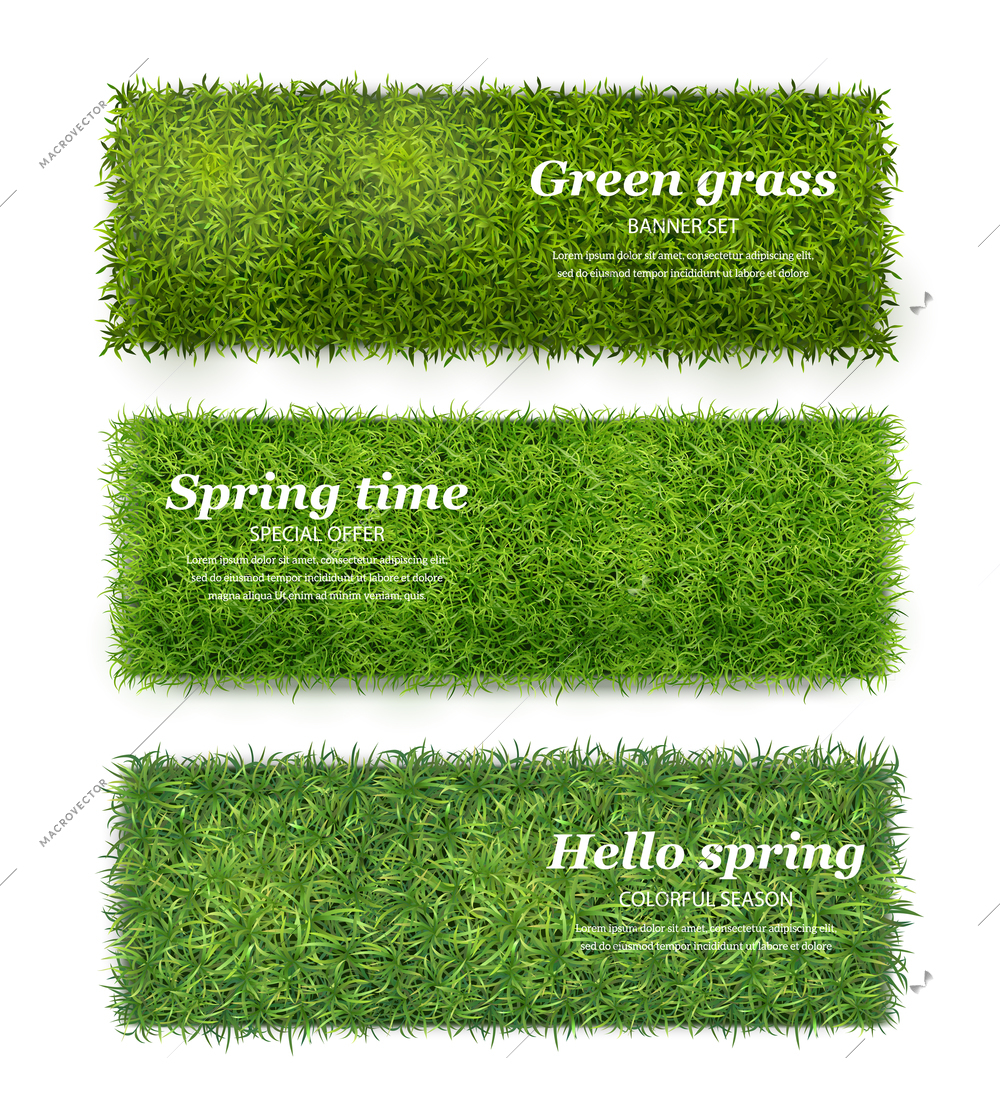 Green grass realistic top view spring time lawn ground cover 3 horizontal banners set isolated vector illustration