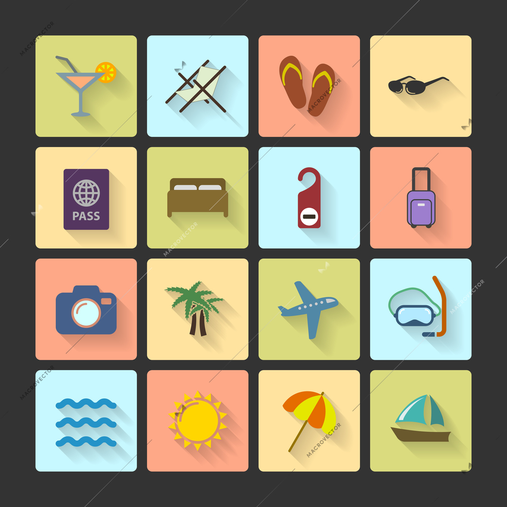 Vacation UI layout icons, squared with long shadows isolated vector illustration