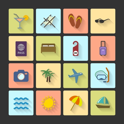 Vacation UI layout icons, squared with long shadows isolated vector illustration