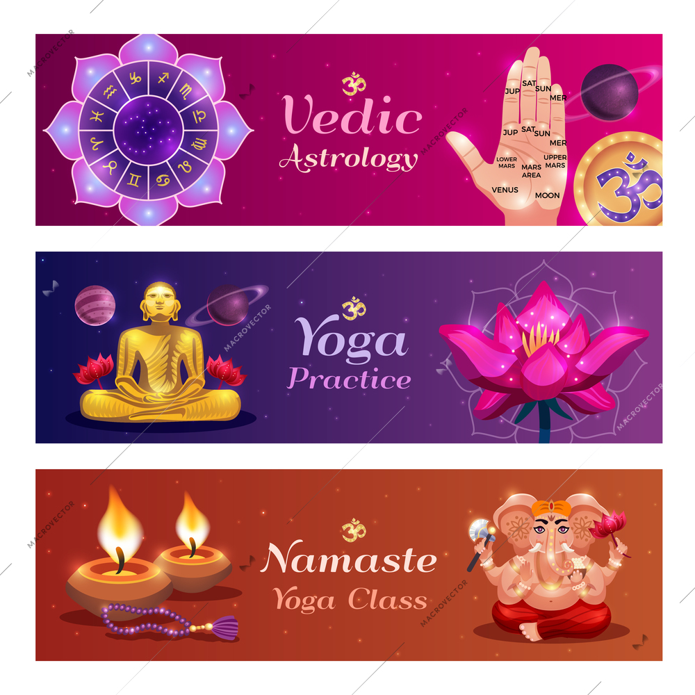 Yoga namaste 3 horizontal colorful background vedic astrology banners with lotus candles hand palm reading vector illustration