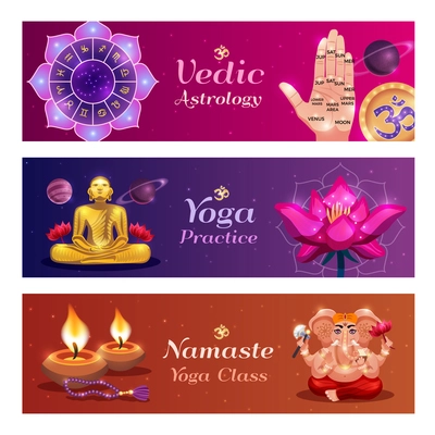 Yoga namaste 3 horizontal colorful background vedic astrology banners with lotus candles hand palm reading vector illustration