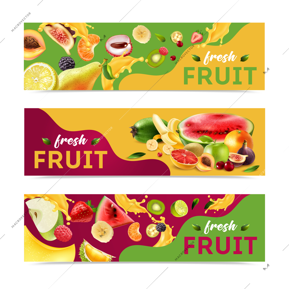 Three horizontal isolated and realistic fruits banner set with fresh fruit headline vector illustration