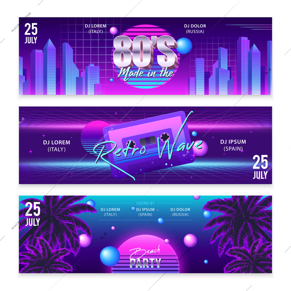 Set of three wide horizontal realistic retro wave party banners with neon artwork and editable text vector illustration