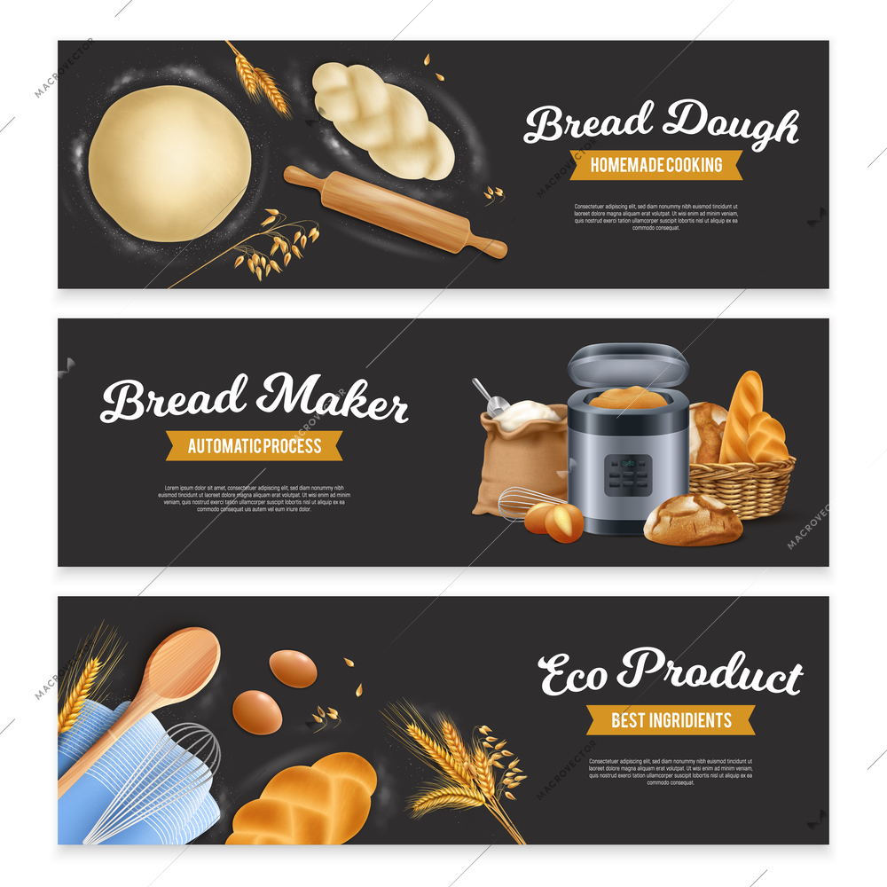 Set of three wide horizontal realistic bread banners with ribbon badges text and images of dough vector illustration