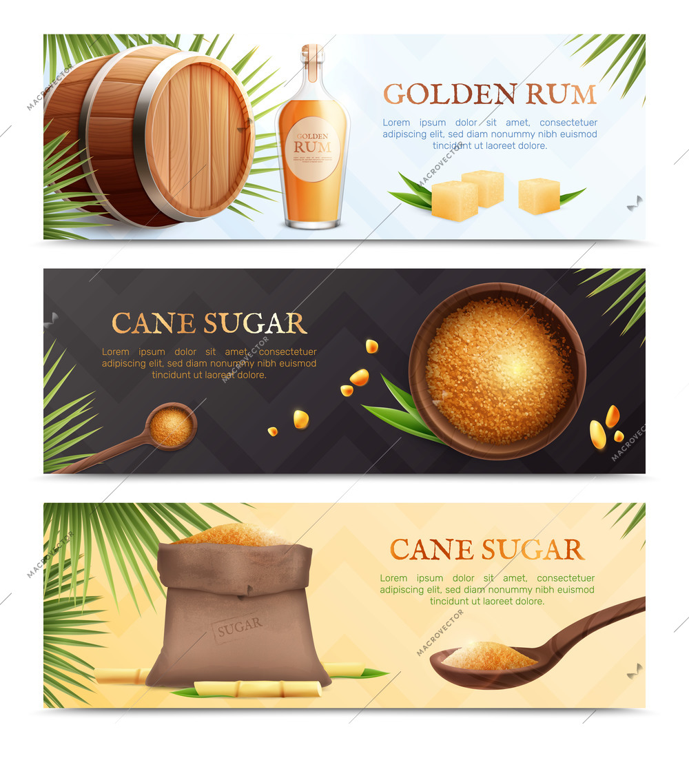 Three horizontal cane sugar realistic banner set with golden rum and sugar descriptions vector illustration