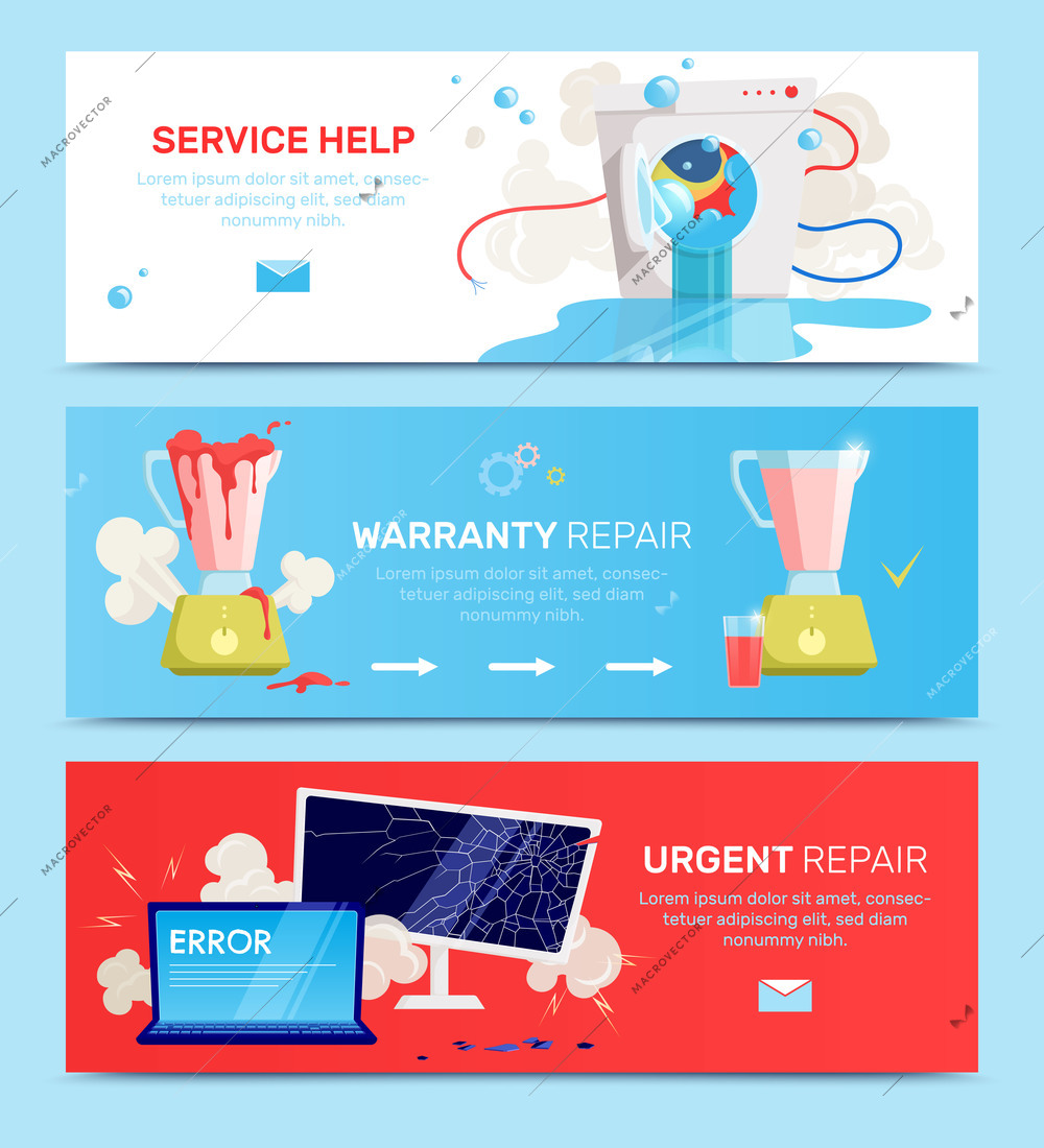 Horizontal broken household appliances gadgets flat banner set with service help warranty repair vector illustration