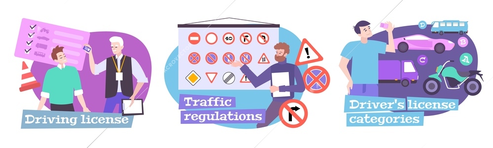 Driving school set with traffic regulations symbols flat isolated vector illustration