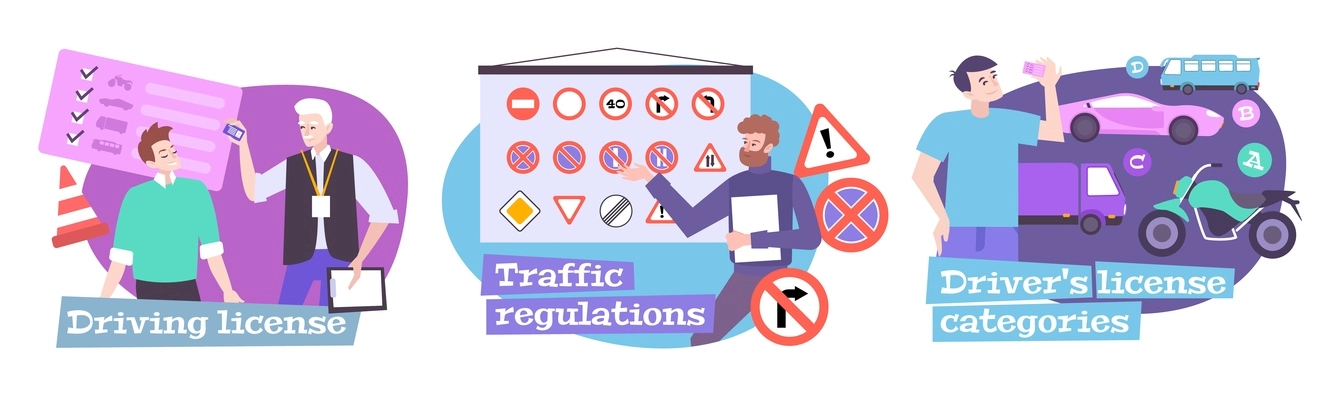 Driving school set with traffic regulations symbols flat isolated vector illustration