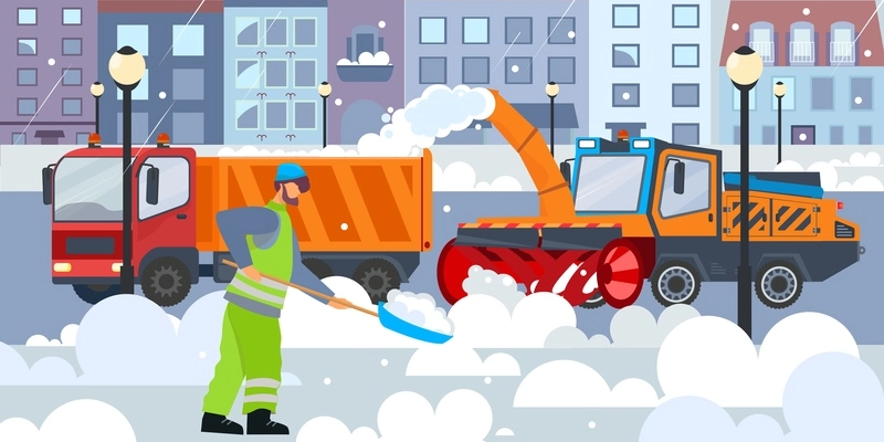 Street cleaning snow flat composition with outdoor view of winter city street with snow removal equipment vector illustration