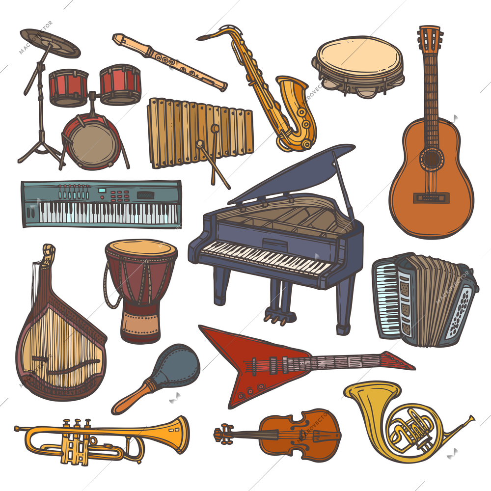 Musical instruments sketch colored icon set with flute trumpet xylophone isolated vector illustration