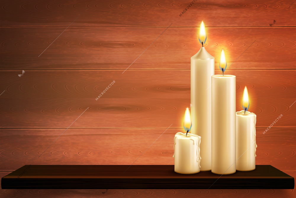 Realistic candles composition with set of four tall burning candles on flat table with wooden background vector illustration