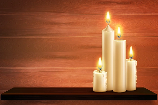 Realistic candles composition with set of four tall burning candles on flat table with wooden background vector illustration