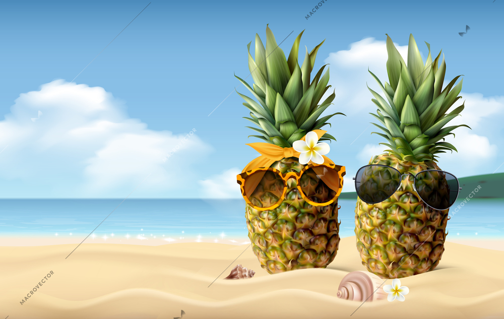 Two pineapples with sunglasses on sandy beach realistic summer composition vector illustration