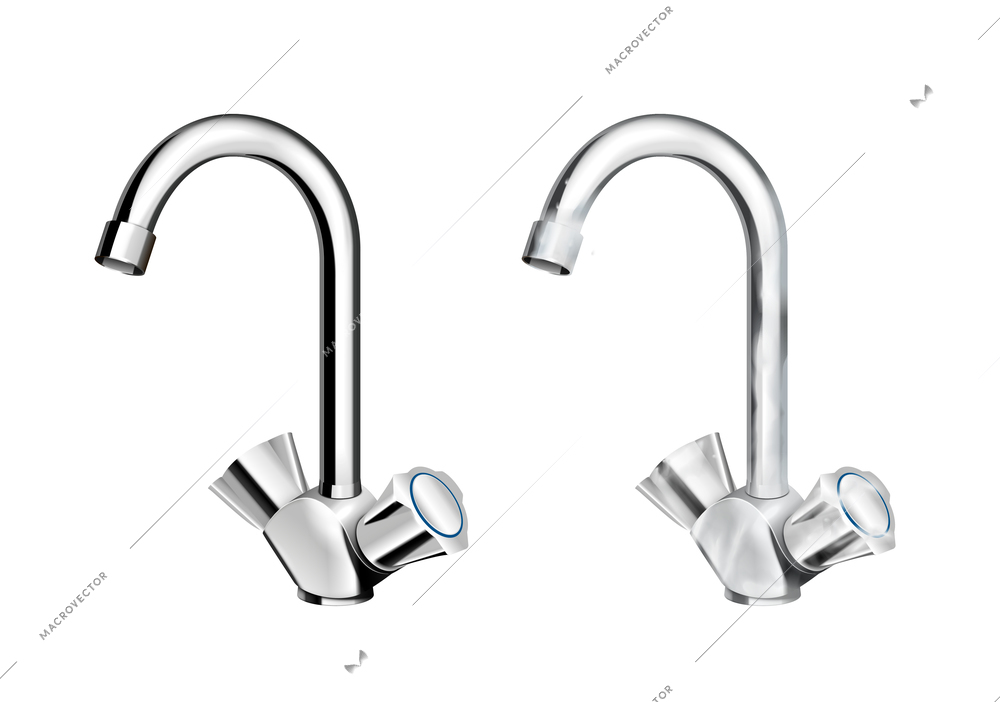 Dirty water steel chrome plated faucets with mixer realistic set on white background isolated vector illustration